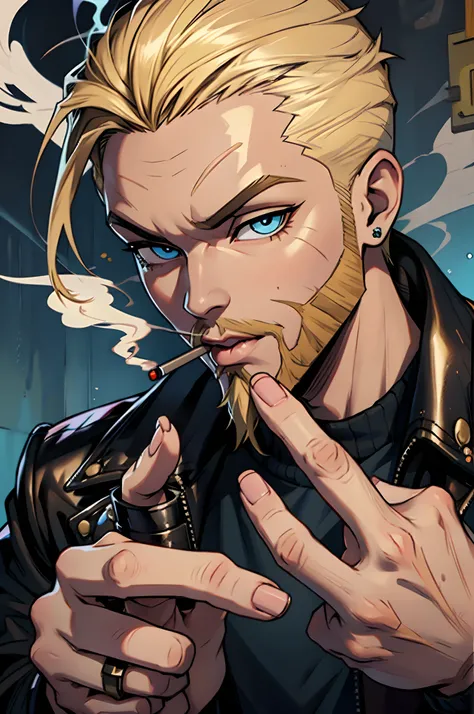 1 smoking man, smoking massive blunt, smoking a joint, smoking weed, Bratz Boy, 1 male Bratz, blonde, bearded, blue eyes, brown cigarette.