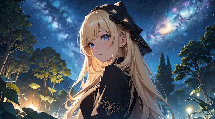 ​masterpiece、（（a beauty girl、One-piece high-detail embroidery、a blond、bustup））、Background with((Fantastic starry sky、meteors、black hole))、Depth((Mysterious giant tree、Luminescent、plants))、