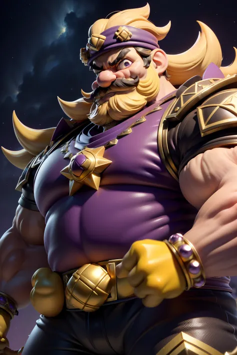 3dmm style,(masterpiece, top quality, best quality, official art, (beautiful and aesthetic:1.2), (fractal art:1.3), 1man, high detailed, Wario, Wario hat, mustache, big & strong, (action shot flexing: 1.25), dark lighting, serious face, looking the sky, sk...