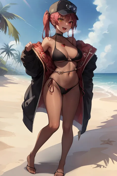 Nsfw, 2d, masterpiece, best quality, anime, highly detailed, full body, 1girl, solo, marine_beach, red bikini, bottomless, jewelry, black jacket, baseball cap, heart-shaped eyewear, heterochromia, beach, dynamic pose, :d, island, waves, palm tree, towel