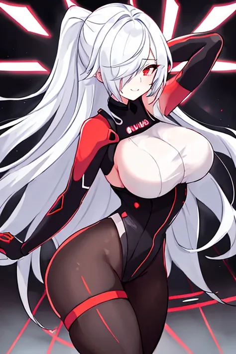 1girl, white hair, large breasts, breasts, thick thighs, wide hips, red eyes, bodysuit, black bodysuit, pantyhose, long hair, science-fiction, tech, futuristic, black pantyhose, neon, neon trim, anime style, 2d, anime screencap, red neon trim, hourglass fi...