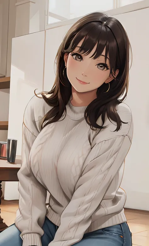 Masterpiece:1.2, Best quality), Realistic, (Real picture, Intricate details, Depth of field), A woman sits on the floor, A warm and gentle smile, Fair skin, Wear a light-colored, tight-fitting sweater, Jeans, earring, huge tit, Crazy swollen breasts, The b...