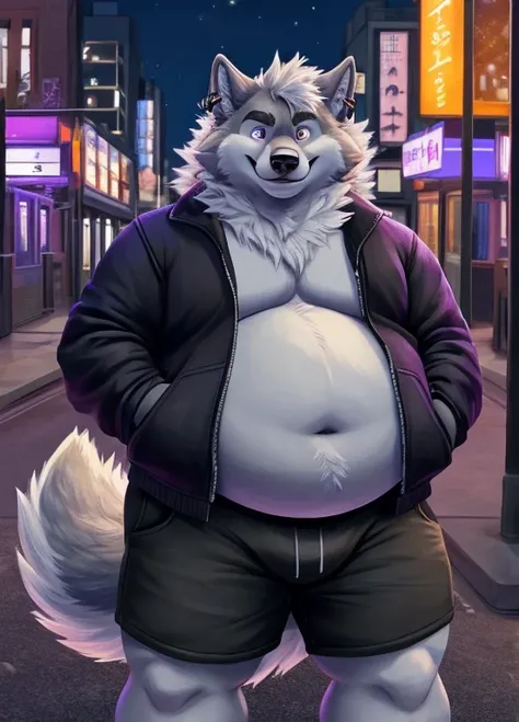 solo, wolf, anthro, male, extremely fat cheeks, obese, large belly, grey fur, purple iris, messy mane, piercings, wearing black jacket, wearing shorts, looking at viewer, smiling, detailed face, outdoors, city, nighttime