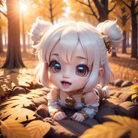 Cute Baby Chibi Anime,(((Chibi 3D))) (Best Quality) (Master Price)、Chibi Angel、Open your mouth and smile、A detailed face、Floating in the air、White hair、Jewelry Decoration Costumes、Sun shining in the morning sun、Autumn foliage in the fairy tale autumn fores...