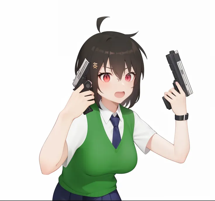 Anime girl holding gun and cell phone in her hand, With a pistol., Female Action Anime Girls, Female anime characters, anime moe artstyle, in anime style, shooting pose, In anime style, holding a weapon, Hold the gun., flat anime style, anime style charact...