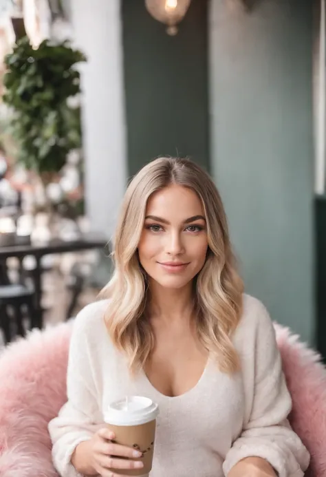 A photo of LA influencer chick holding a Starbucks cup with an avocado toast in front of her, sitting on a fluffy pink chair at a trendy cafe.,original,She is blonde, young, beautiful, lives in Hollywood, and takes a selfie