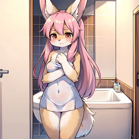 furry, Furry women, solo, Holland lop breed rabbits, Round tail, Pink rabbit tail, Pink rabbit ears, Floppy ear, long-haired, Long pink hair, Bathroom Scene, Shower, bath towel, bathing towel, Shy, 17 years old