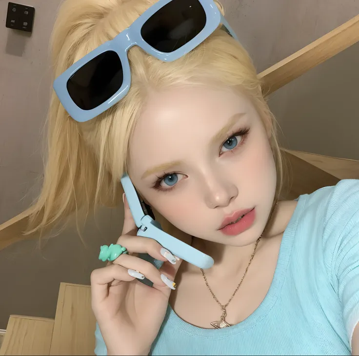 Blonde woman wearing sunglasses talking on cell phone, Cabello liso azul cielo, pale bluish skin, Ava Max, Hada Ellie Bamber, ulzzang, Eva Elfie, foto de perfil, color pastel, cabello rubio muy, very pale, extremely pale blond hair, pale fair skin!!, cabel...