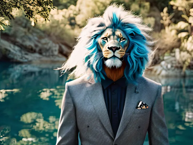 Lion with blue hair in black suit 3x4 photo facing the viewer