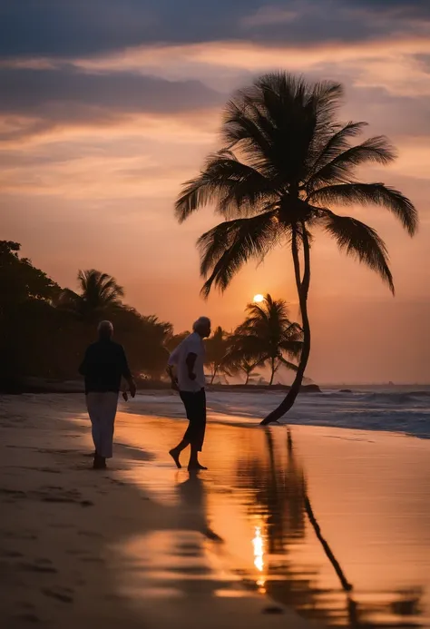 tropical，beachside，the setting sun，the sunset，coconut palms，Delicate sandy beach，An elderly couple leaning against each other walking on the beach，Back shadow