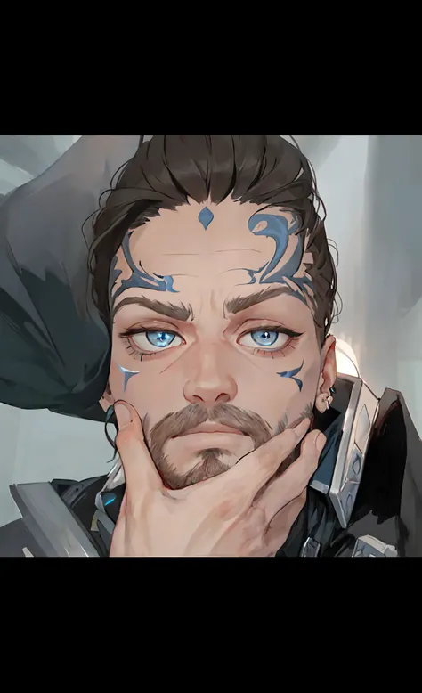 man with facial hair, hyperdetailed perfect face, perfectly clear face, widows peak, with anxious piercing eyes, detailed perfect face, huge downslanted eyes, blue eyes piercing stare, frontal picture, perfect hyperdetailed face, hand covering chin.