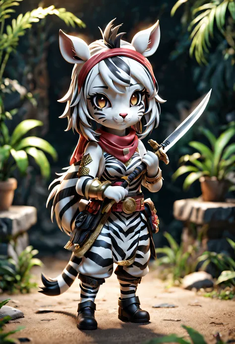 full body Esbian、Cool Female Zebra、Pop Female Zebra、Cute female zebra、Tiere、diorama、symple background、bandana、Holding a knife in your hand、​masterpiece, Best Quality, Capture super cute moments, depth of fields, ultra-detailliert, Ultra High Resolution, Oc...