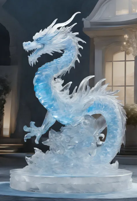 8K、Top image quality、masutepiece、top-quality、A hyper-realistic、Photorealsitic、Ice sculpture、Thang Long、Sculpture of a dragon made of ice、Chipping away at icicles、The pedestal is also ice、At the party venue