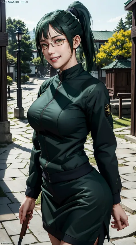 best quality, masterpiece, 1girl, (solo:1.1), raytracing, ultra detailed,detailed face, 8k wallpaper, wide hips, ZeninMakiNDV, 1girl, green hair, yellow eyes, large breasts, ponytail, glasses, jujutsu uniform, jacket,black skirt, outdoor, smile, looking at...