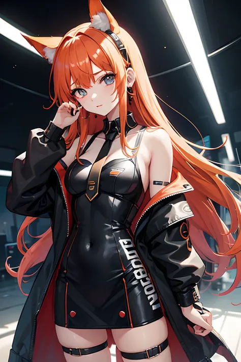 menina anime, ruiva, headset laranja com orelhas de longas de gato, cyberpunk, roupa futurista colegial com gravata preta, Black jacket with white dress shirt with elbow sleeves, cabelo longo amarrado com franja, olhos azuis, desenho estilo chibi