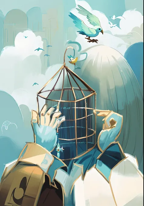 a person holding a birdcage with a painting of a bird on it, a wizard holding the cage, concept piece, concept illustration, concept, [conceptual art]!!, concept sketch, conceptual art, conceptual artwork, left hand supporting the head, hand-drawn animatio...