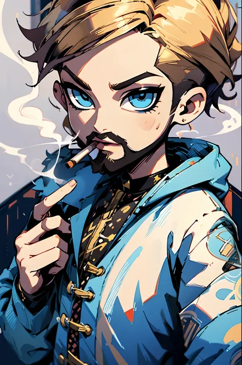 1 smoking man, smoking a joint, smoking weed, smoking, Bratz Boy, 1 male Bratz, blonde, bearded, blue eyes, brown cigarette.