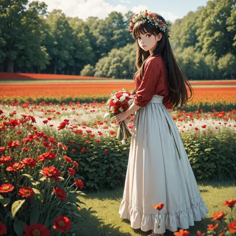 There is a girl in a red and white dress holding a bouquet, girl in flowers, Recogiendo flores, sosteniendo flores, recogiendo una flor, girl standing in flower field, girl standing in a flower field, Flores en las mejillas del heredero, girl in a flower f...