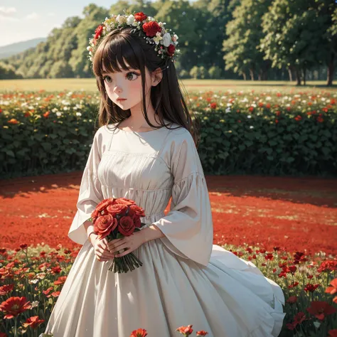 There is a girl in a red and white dress holding a bouquet, girl in flowers, Recogiendo flores, sosteniendo flores, recogiendo una flor, girl standing in flower field, girl standing in a flower field, Flores en las mejillas del heredero, girl in a flower f...