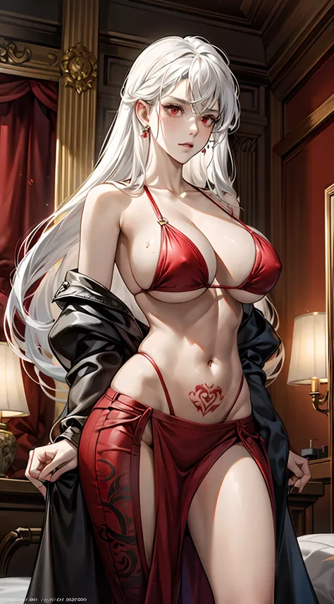 2females, White hair, Red eyes, (woman，Royal Sister_Shot:1.2), breasts focus, Long hair, side locks,angry look，Extreme panic，Chest close-up front，After being violated ，Scared,(terrified:1.1) expression,desire tattoo，abdominals tattoo,Red-faced， Atmospheric...