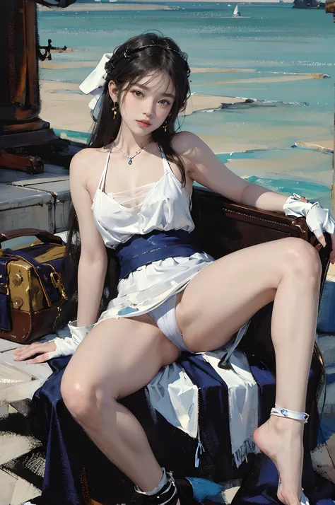 ((Best quality)), ((Masterpiece)), ((1girll)), Solo, ferry, ((Long hair)), Ferry base, ((upper legs)), Bare shoulders, ((jewelry)), ((Sleeveless)), White dress, Blue skirt, ((mitts)), thigh high, （Nikolai Fehin），(Oil on canvas by Fitchin， Fei Xins oil pain...