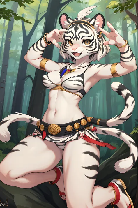 (hi res), ((masterpiece)) , ((best quality)), illustration,
furry, ((white tiger)), 1girl, armband, bracelet, breasts, feathers,  forest,hairband, jewelry,  looking_at_viewer, medium_breasts, merukizedeku, midriff, nature, navel, necklace, open_mouth, sand...