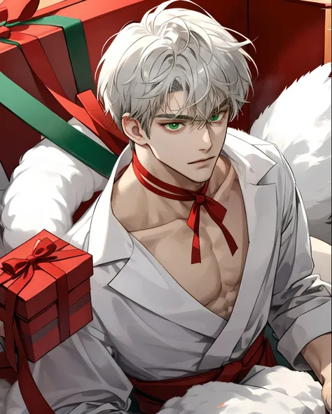 Boy in a gift box, bow wrapped around his neck, white fluffy hair and large green eyes, looking towards camera, detailed, nsfw, red ribbons