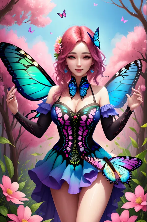 a butterfly,brightly colored butterfly with blue and pink wings surrounded by flowers, beautiful digital artwork, beautiful digital art, beautiful gorgeous digital art, colorfull digital fantasy art, harmony of butterfly, 4k highly detailed digital art, ve...