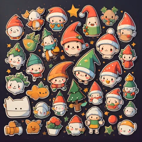 Stickers, cute Christmas gnomes, solid background,