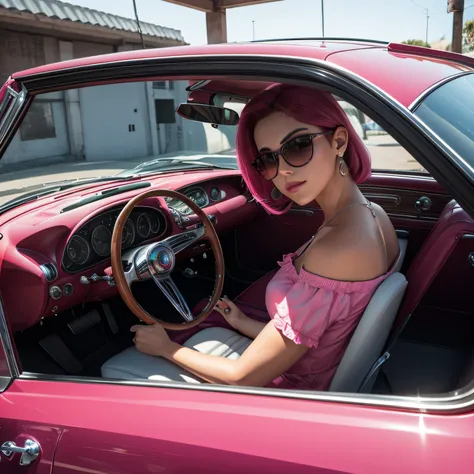 Full, centered photo of a oldismobile 1959 convertible shiny polished metal color bright pink, a pintura reflete tudo ao seu redor, estilo cyberpunk, cercado de luz neon colorida, roda grossa, roda dourada, detalhes em dourado, Woman in sunglasses driving,...