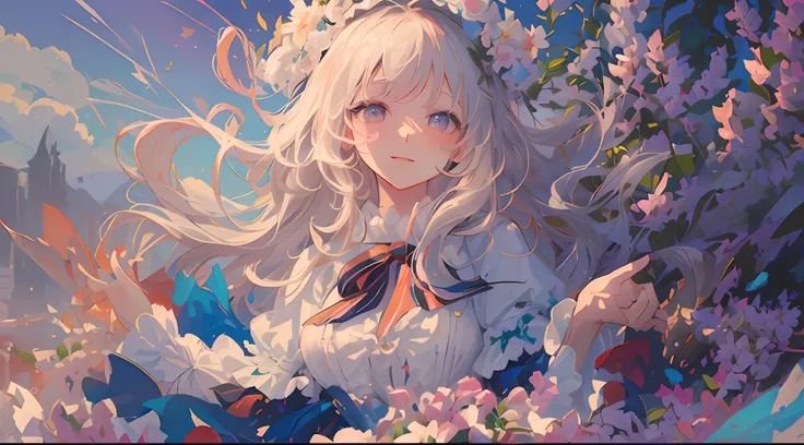 (1girll:1.2), Slight blush, Wavy hair, Fluffy hair, cloaks, Lace trim, Lace, frilld, Lolita, elegant, bodice, Light smile, Peaceful, Colorful, (winter:0.7), (Flowers:0.7),, Nature, Princess, royal, Extremely detailed, Beautiful background, White, Depth of ...