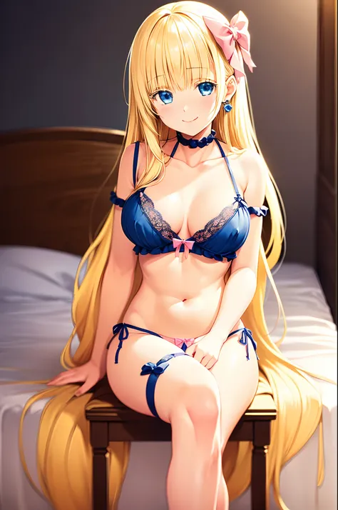 (((Cute blonde woman, long hair with pink bow, Blue eyes))), ((Clothing that exposes, transparent lingerie with strap downing on the shoulder and panties)), 8k, very detailed, heart earring, sitting in the bedroom, blushing smile, crossed legs, close view,...