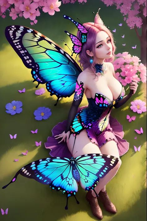 (((no human))),(((a big butterfly))),brightly colored butterfly with blue and pink wings surrounded by flowers, beautiful digital artwork, beautiful digital art, beautiful gorgeous digital art, colorfull digital fantasy art, harmony of butterfly, 4k highly...