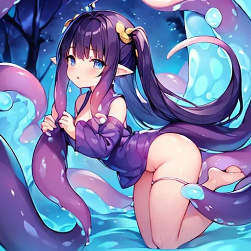 ((NSFW100))、(((full body seen)))、(((Big))), (((Girl flying in the sky with slimy tentacles)))、(((short dark hair))), (((Eye color is light blue)))、((She wears sexy pajamas made of bright purple slimy mucus))、(Mucus and slimy skin)、((yawning sleepily))、(The...