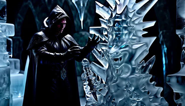 rogue with piercing eyes filled with hatred, (((including all ice sculpture art:1.4))), (((reaching for sculptor carving of ice dagger:1.3))), dark fantasy style, dressed in a black hooded robe, wear leather armor inside, (in ice dungeon background intrica...