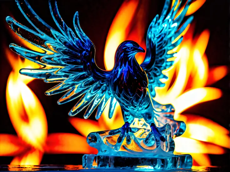 (((dark beauty phoenix of ice sculpture art:1.4))), dark cyan red dim glow of behind, on a flame sculpture stand made of ice, (((radiosity rendered in stunning 32k resolution:1.3))), highest quality, highly quality, tonal contrast, (((ice texture:1.3))),