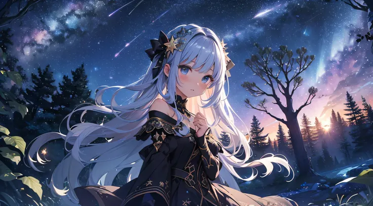 ​masterpiece、（（a beauty girl、One-piece high-detail embroidery、Face to shoulder、hair adornments、Twin-tailed））、Background with((Fantastic starry sky、meteors、black hole))、Depth((Mysterious giant tree、Luminescent、plants))、