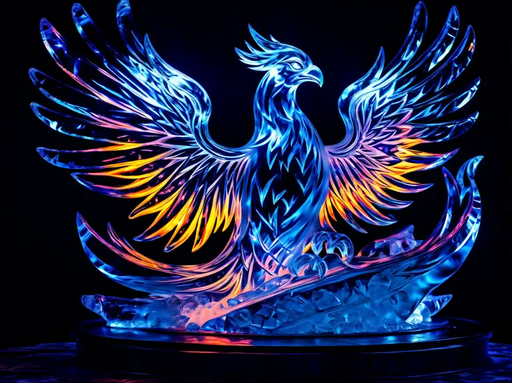 (((dark chaos phoenix of ice sculpture art:1.4))), neon dim glow of behind, on a flame sculpture stand made of ice, (((radiosity rendered in stunning 32k resolution:1.3))), highest quality, highly quality,