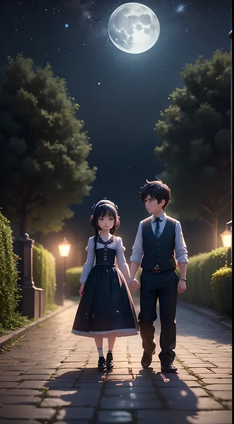 Characters: cute mini girl and cute mini boy, lovely couples, traditional dress, blue eyes, black hair, small characters, 8k, 3D animation. Background: beautiful garden, road, trees, night, moon, stars.