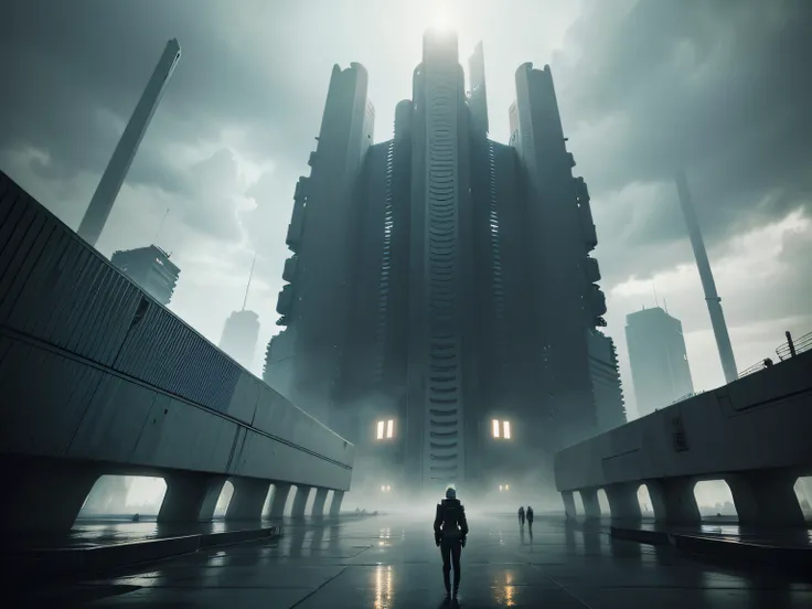 Photo of a huge dystopian secret facility, futurista, Estilo Blade Runner, apocalipse, grey sky, uma nave imensa (Cargueiro espacial) flutuando ao redor da estrutura.