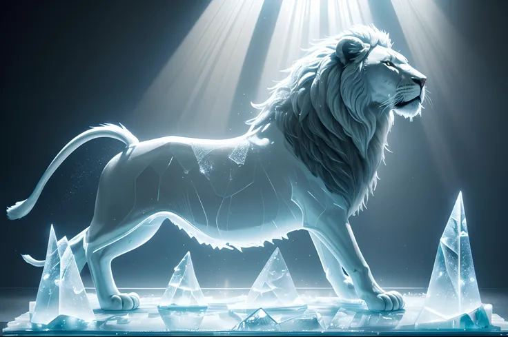 A transparent ice sculpture representing a lion, scattering drops of watdr. Illuminated by natural light. Great angular, deep depht of field.