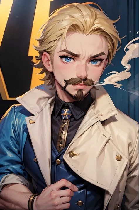 1 Bratz Boy, 1 male Bratz, 32 years old, short hair, dirty blonde, mustache, facial hair, blue eyes, blowing smoke from mouth.