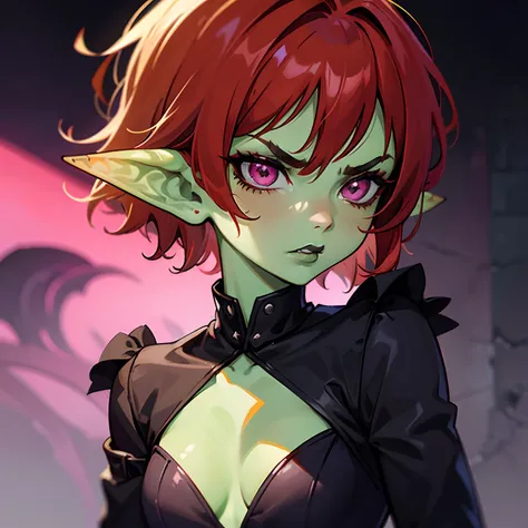 1 girl, portrait, goblin girl, green skin, red hair, short hair, bobcut, lip piercing, pink eyes, black shirt, black lipstick, black eye makeup, small chest, angry, black background, hands behind back, office lady, buiseness suit, close-up, total black bac...