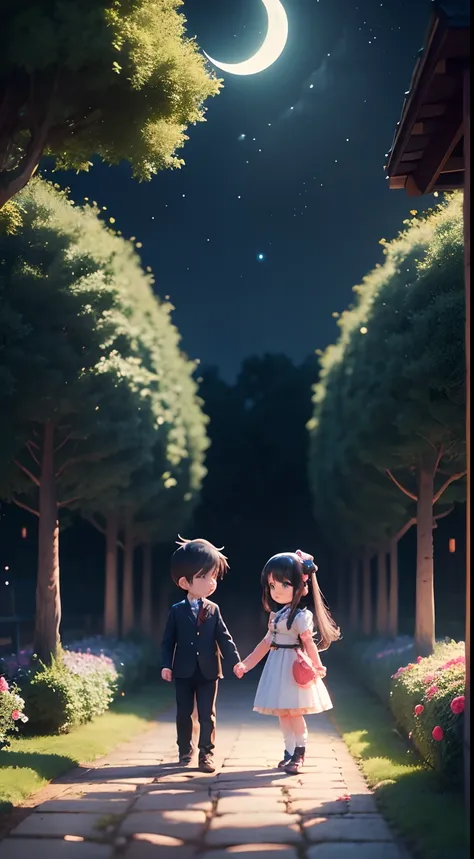 Characters: cute chibi mini girl and cute chibi mini boy, lovely couples, traditional dress, blue eyes, black hair, small characters, 8k, 3D animation. Background: beautiful garden, road, trees, night, moon, stars.