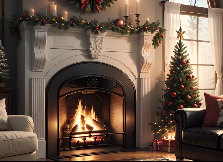 Front viewFull Christmas tree and fireplace, rialistic photo, hyper realistic rendering, lifelike rendering, 8K, --v6