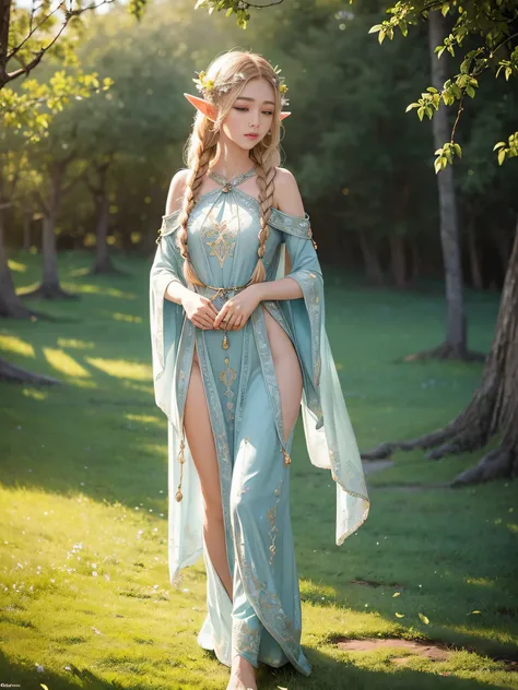 Graceful elven girl standing in meadow, Delicate face illuminated by the soft light of the setting sun. Her long, Flowing hair runs down your back, Decorated with intricate braids、Adorned with sparkling gemstones. This great photo is、、、It captures the ethe...