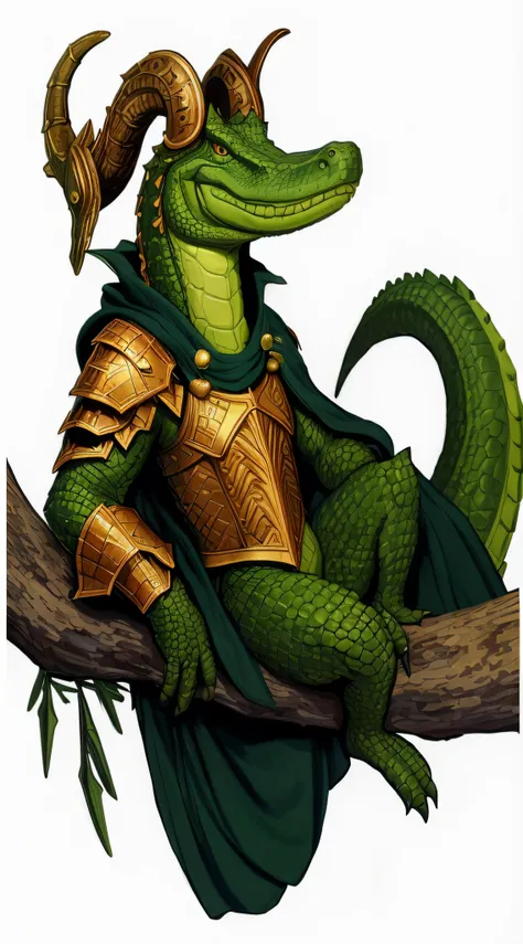 a close up of a green alligator wearing armor on a branch, crocodile loki, lizardman art, lizardman, anthropomorphic alligator, alligator shaman, lizardfolk, as an anthropomorphic dragon, lizardman thief, lizardman warrior concept, forsaken crocodile god, ...