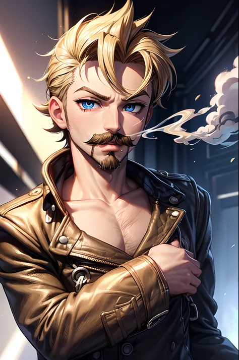 1 bratz boy, 1 male bratz, 32 years old, short hair, dirty blonde, mustache, facial hair, blue eyes, blowing smoke from mouth. s...