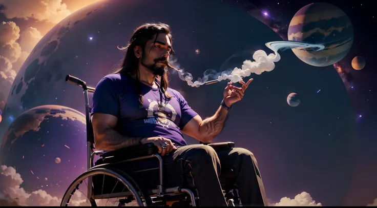 Young, slightly skinny, slightly chubby, Mexican, male silhouette, long straight hair, mustache and beard, smoking a joint, looking at planets in the distance, sitting in a wheelchair, purple and blue background,