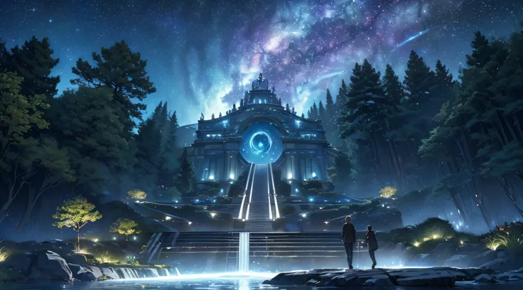 ​masterpiece、Background with((Fantastic starry sky、meteors、black hole、planetes))、Depth((Fantastic river with reflected light、plants、Luminescent、Flowing from the top of the steps))、Looking up